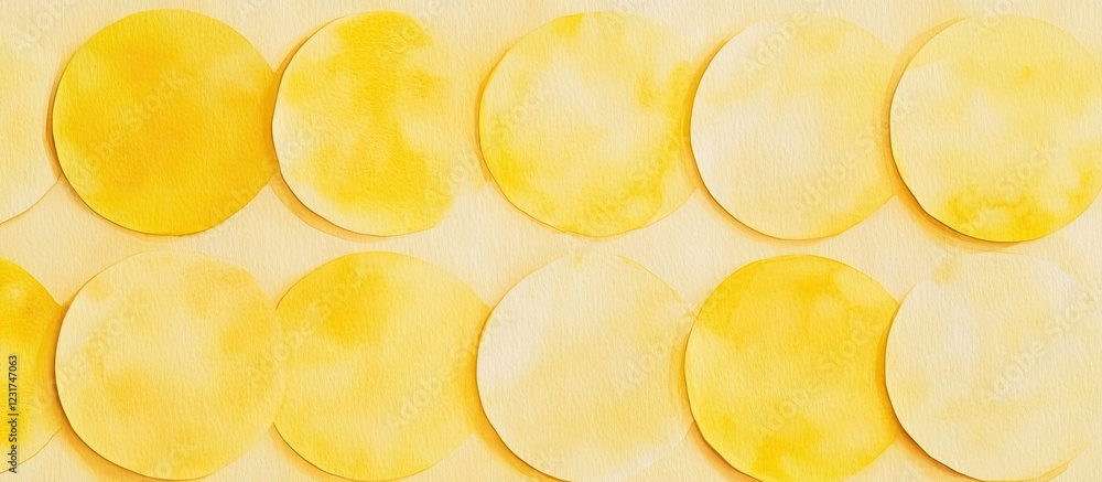 Aufkleber yellow watercolor circles arranged horizontally on a soft yellow background, creating a harmonious a
