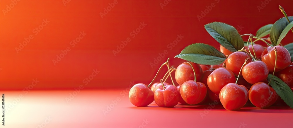 Poster red cherries with green leaves arranged on a soft gradient background shifting from orange to red ca