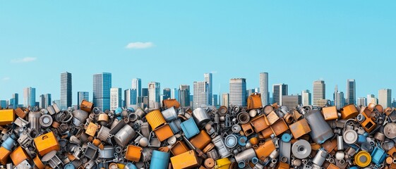 Recycle metal recovery concept. Urban skyline with colorful waste containers in the foreground.