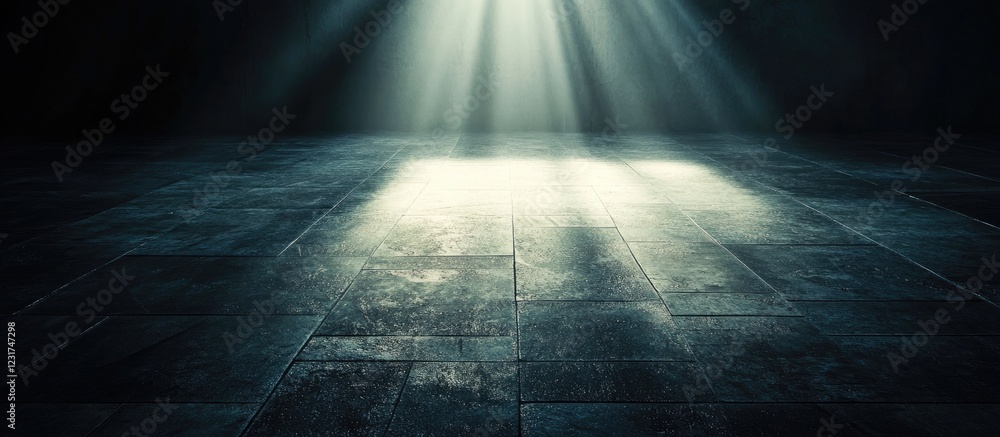 Poster dark textured floor with beams of sunlight creating a mystical atmosphere in the center against a de