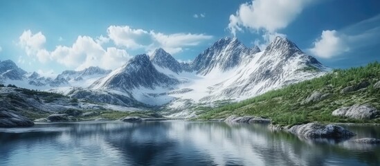 Fototapeta premium Majestic snow capped mountains reflecting in tranquil lake under a clear blue sky with fluffy clouds and vibrant green landscape in foreground.