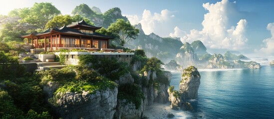 Obraz premium Serene coastal view of an ancient Asian temple perched on cliffs surrounded by lush greenery and a tranquil ocean under a bright blue sky