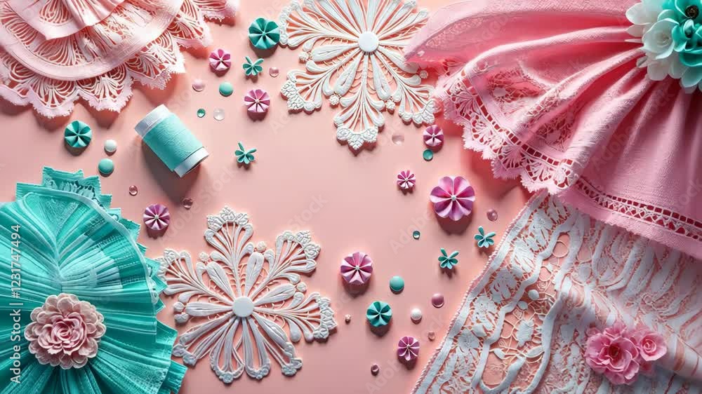 Poster a pink, orange, and blue lace with a bunch of buttons on it. the buttons are of different colors and
