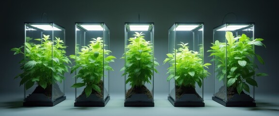 Fototapeta premium Controlled Environment Plant Growth Five Stages of Development Under LED Lighting