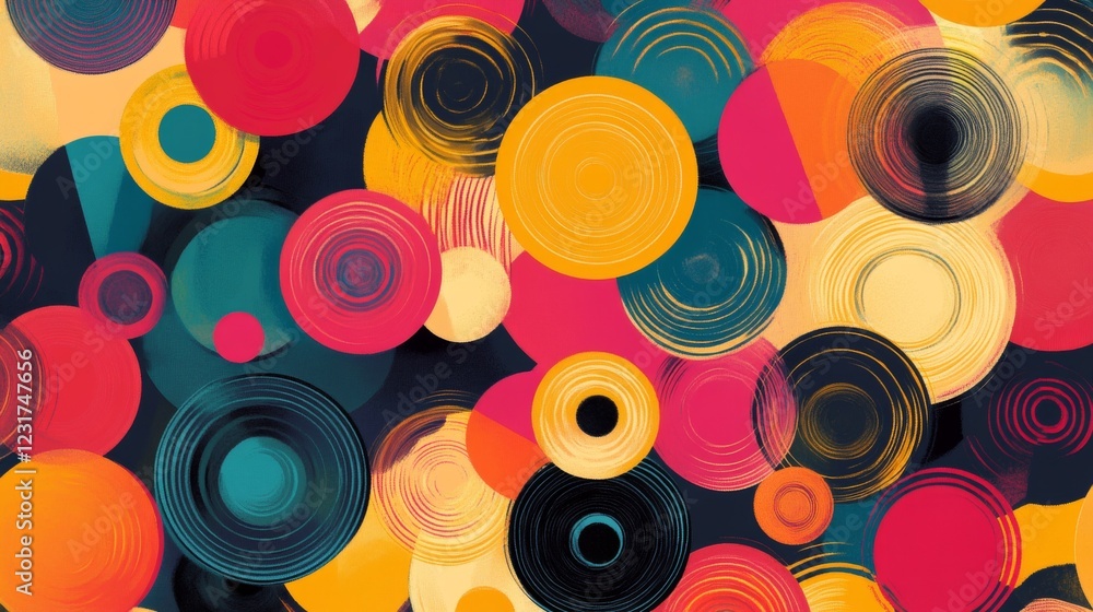 Poster this vibrant abstract design features colorful circles and spirals against a dark background, creati