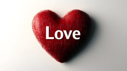 Minimalist Valentine's Day card with a bold red heart and a simple "Love" message in white text isolated on white background in HD