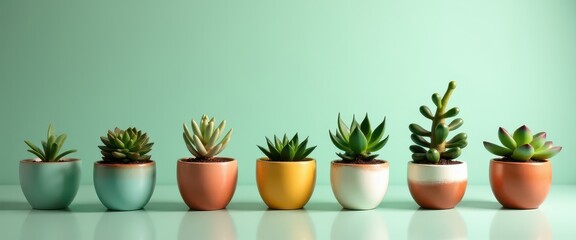 Fototapeta premium Seven Succulents in Colorful Pots Minimalist Home Decor Green Background