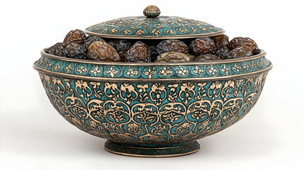 Dates in ornate bowl, white background, food photography, Ramadan