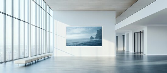 Obraz premium Bright open interior showcasing large mock-up poster on white walls with expansive glass windows, light wood bench, and minimalistic design elements.