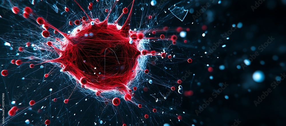 Poster abstract microscopic view of a red virus exploding with filaments