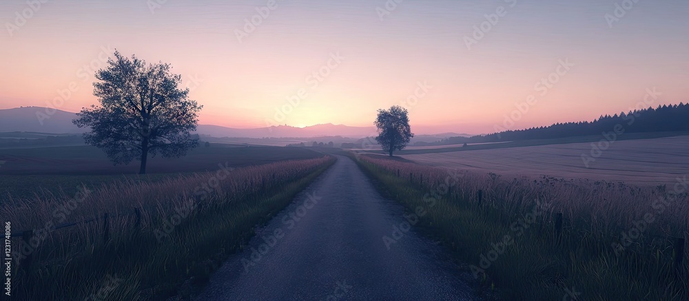 Poster dawn light illuminating serene rural road bordered by fields and trees creating a calm atmosphere id