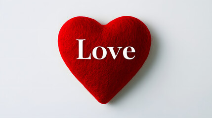 Minimalist Valentine's Day card with a bold red heart and a simple "Love" message in white text isolated on white background in HD