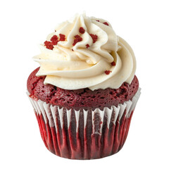 Delicious red velvet cupcake with creamy white frosting, isolated on white background, perfect for dessert and bakery themes.