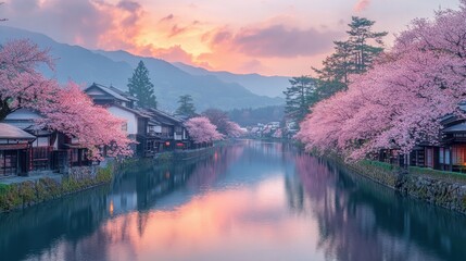 Fototapeta premium A serene riverside scene featuring cherry blossoms in full bloom, reflecting in the water during a pastel sunset, with mountains in the background.