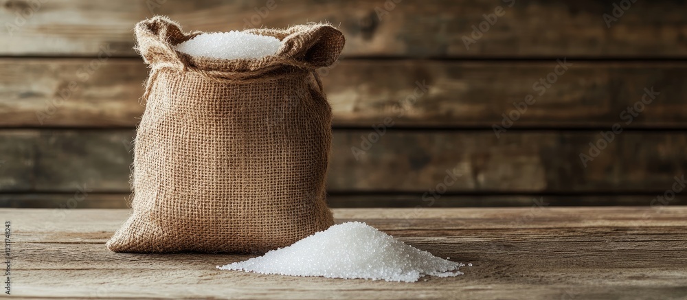 Poster sack of sugar on a rustic wooden table with sugar spilling out left side creating ample copy space f