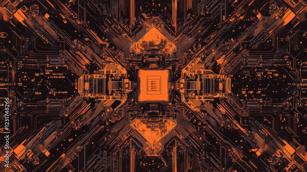 Poster abstract orange and brown symmetrical circuit board pattern.