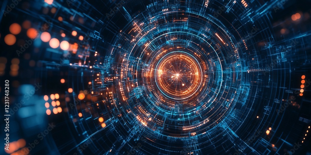 Poster abstract digital technology background featuring circular patterns with glowing blue and orange ligh