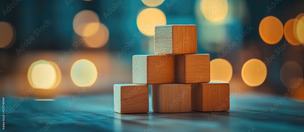 Aufkleber wooden blocks stacked on a table with a blurred bokeh background of soft warm lights creating depth 