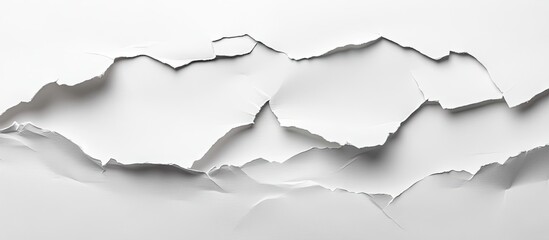 White torn paper texture with layered jagged edges featuring subtle shadows, creating depth and a unique visual perspective in a minimalistic style.