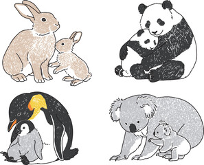 様々な動物の親子の手書きイラストセット