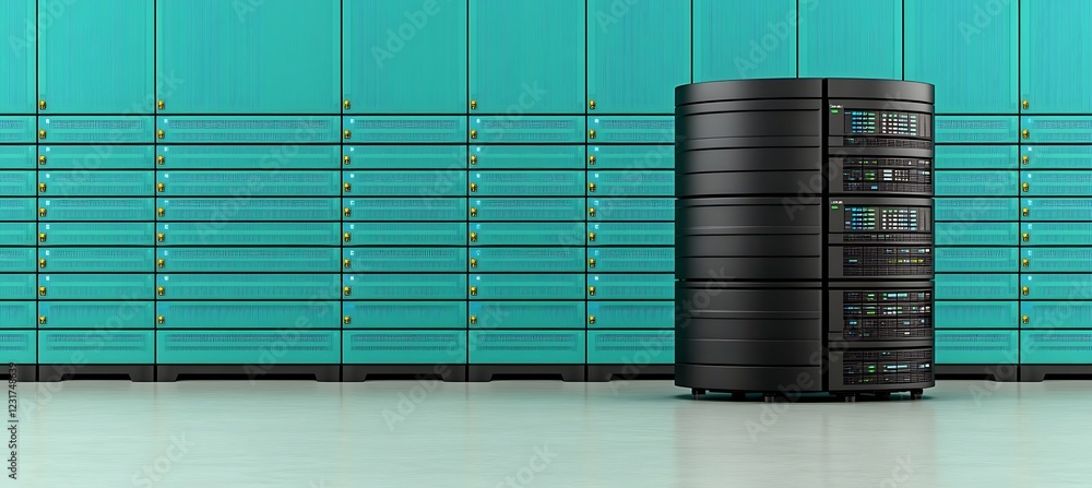 Aufkleber modern data center with a large server tower and teal storage racks.