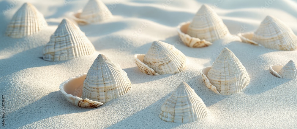 Poster white sea shells arranged in pyramid shapes on soft sandy beach creating intricate shadows with a co