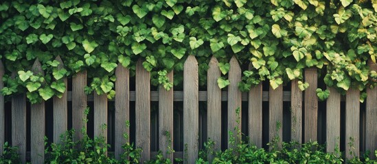 Lush green plants climbing a rustic wooden fence creates a tranquil suburban scene with vibrant greenery and a serene outdoor ambiance.