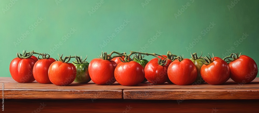 Aufkleber fresh red and green tomatoes aligned on a rustic wooden table with a soft green backdrop highlightin
