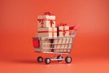 Miniature shopping cart carrying gift boxes with red ribbons is standing on red background