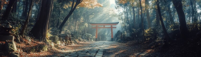 Fototapeta premium A serene forest path leads to a traditional torii gate, illuminated by soft sunlight filtering through lush trees.