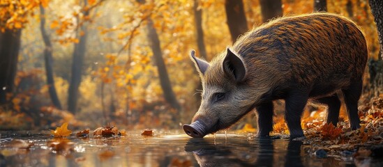 Autumn forest scene with a wild boar drinking water at a calm pool, surrounded by vibrant orange and yellow leaves, highlighting wildlife beauty.