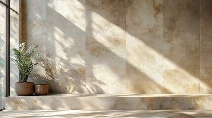 Beige stone slabs against a stone wall, ideal for product display with realistic 3D rendering of natural textures and shadows 