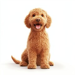 Fototapeta premium Realistic 3D icon of a Fluffy golden doodle dog sitting happily with a wagging tail, centered on a clean white background