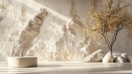 Beige stone slabs and stone wall backdrop for product placement, realistic 3D rendering emphasizing natural beauty and minimalism