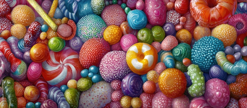 Poster vibrant assortment of colorful candies and sweets in various textures and patterns, featuring a mix 