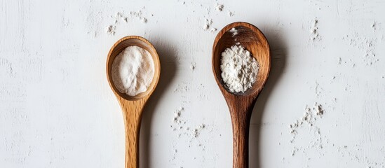 Wooden spoon and measuring spoon on a textured white background highlighting natural wood tones with flour and powder for culinary uses