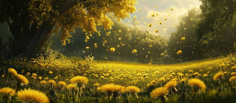 Fototapeta Vibrant yellow dandelions bloom in a sunlit meadow with flying seeds drifting through the air, creating a picturesque summer landscape.