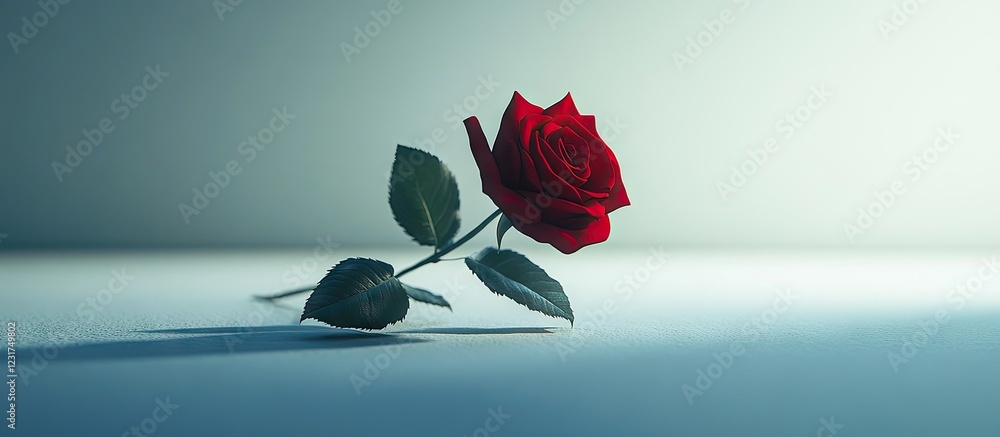 Aufkleber elegant red rose positioned slightly to the left on a soft gradient background with subtle green hue