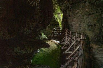 Scenic Wooden Walkway Through Mountain Gorge, Dolomites