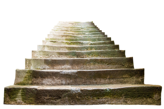 Old stone staircase stairway with moss stone steps in PNG isolated on transparent background