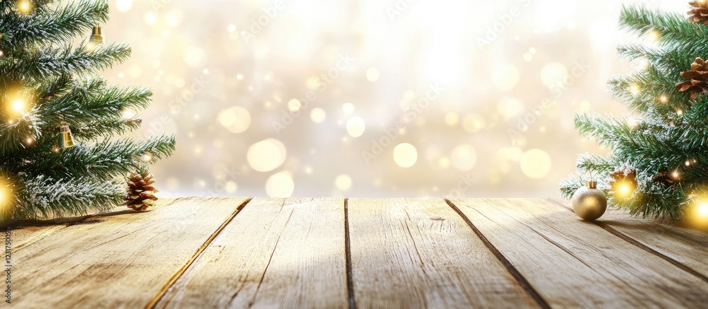 Poster wooden table in foreground with sparkling christmas lights and tree branches framing a warm, blurred
