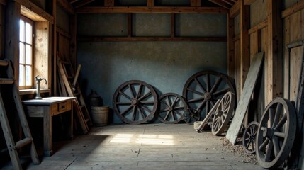 Obraz premium Rustic Wooden Shed Interior with Antique Wheels and Ladders, Sunbeams Illuminating the Dusty Floor