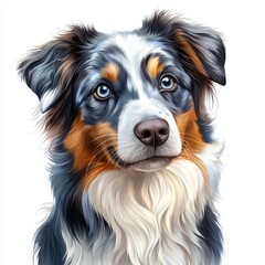 Australian Shepherd with a blue merle coat and bright eyes, isolated on a clean white background