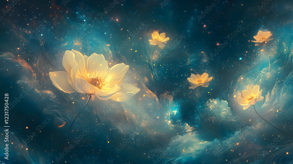 Poster serene landscape featuring ethereal flowers in a dreamy cosmic setting illuminated by soft light. ge
