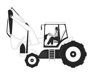 Woman driving excavator linear illustration. Construction worker. Heavy machinery. Black female in overalls operating tractor 2D line character isolated on white. Monochrome vector outline image