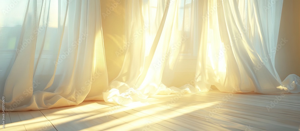 Poster sunlight beams through soft white curtains in a serene room creating a warm glow with golden light r