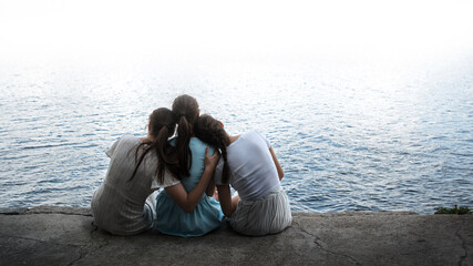 Sad rural adult family behind rear view hand arm funny love travel life light sky text space. Glad joy lady mom trust chat fun child kid look peace morn sea camp even sunset city dock water quay scene