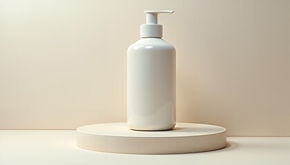 Minimalist white pump bottle on a round pedestal with beige background