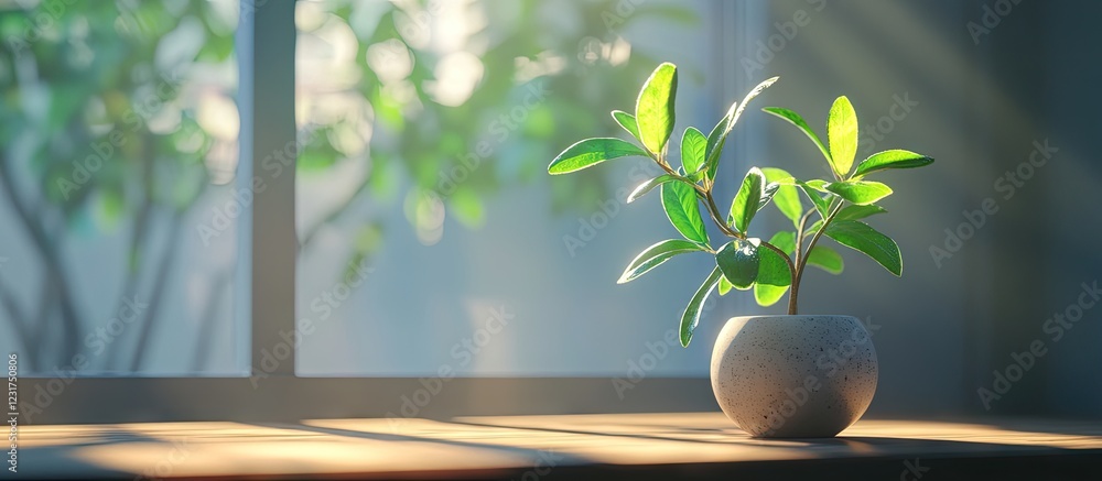 Poster serene workspace with soft natural light illuminating a green potted plant on a wooden table near a 