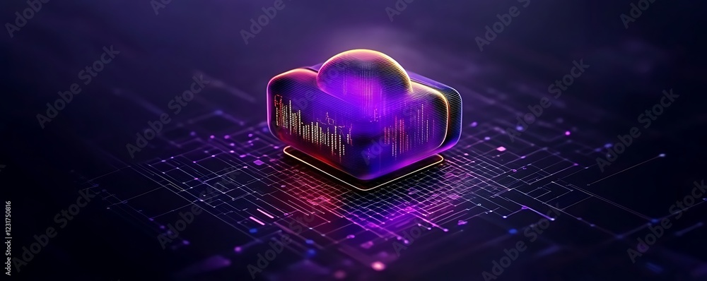 Poster abstract digital cloud data storage icon on circuit board.